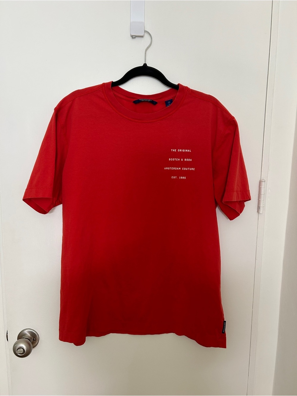 Scotch & Soda Red Crewneck T-Shirt with Small White Chest Print